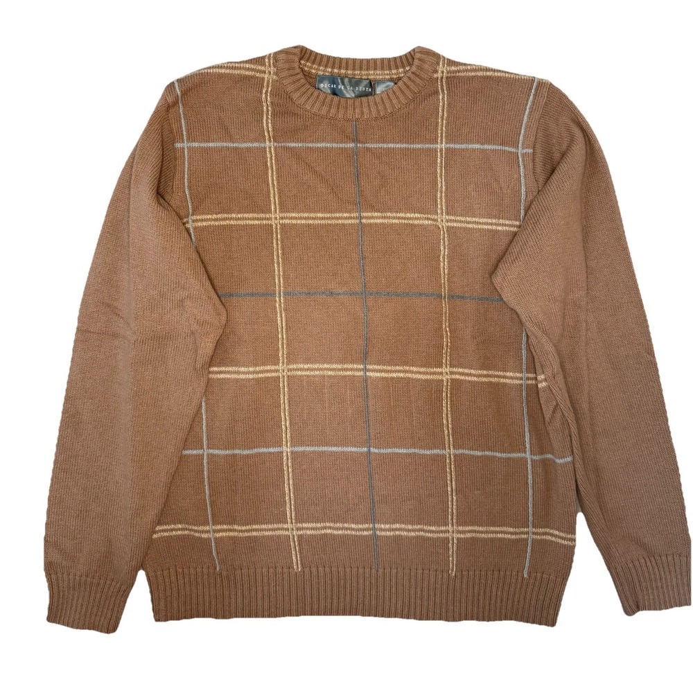 Oscar De La Renta Sweater Men's L Brown Plaid Classic Crew Neck Cotton Blend